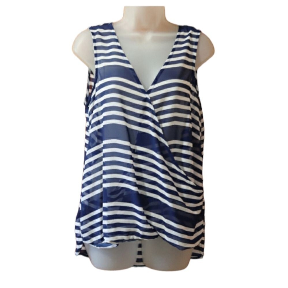 Charming Charlie Blue & White Sheer Striped Y2K Draped Top Medium